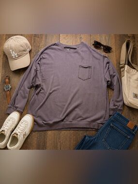 Aerie XXL Brown Washed  Pocket Crewneck Sweatshirt Oversized